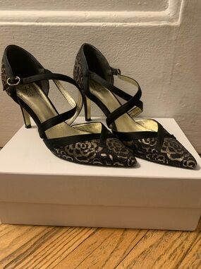 Adrianna Papell Black Lace and Gold Accent Strappy Pointed Heels